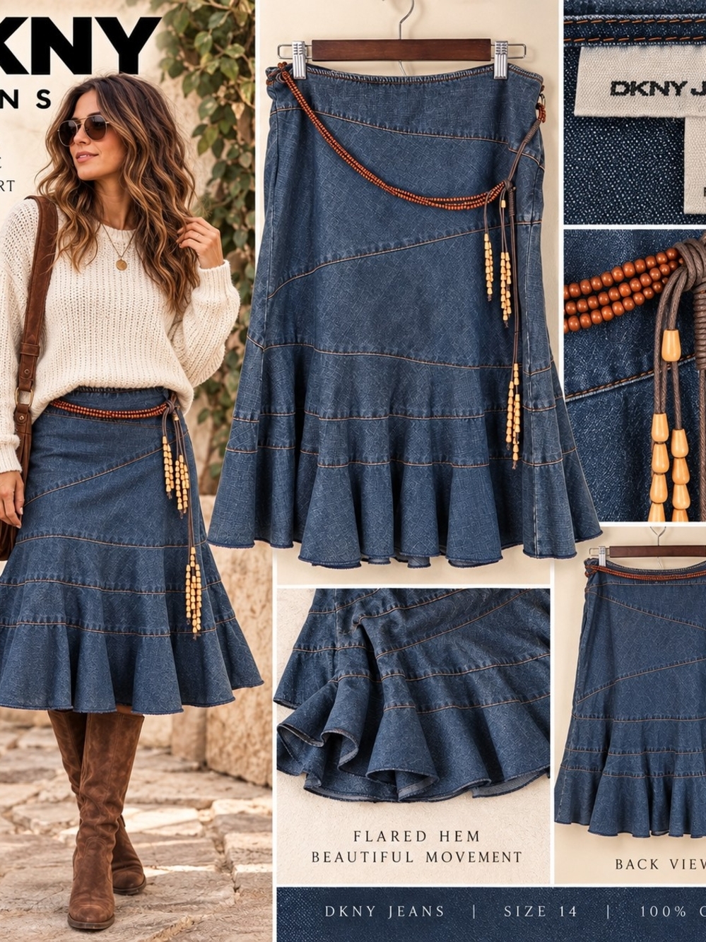 DKNY Jeans Size 14 Denim Midi Skirt Beaded Belt Y2K Boho Flared Western